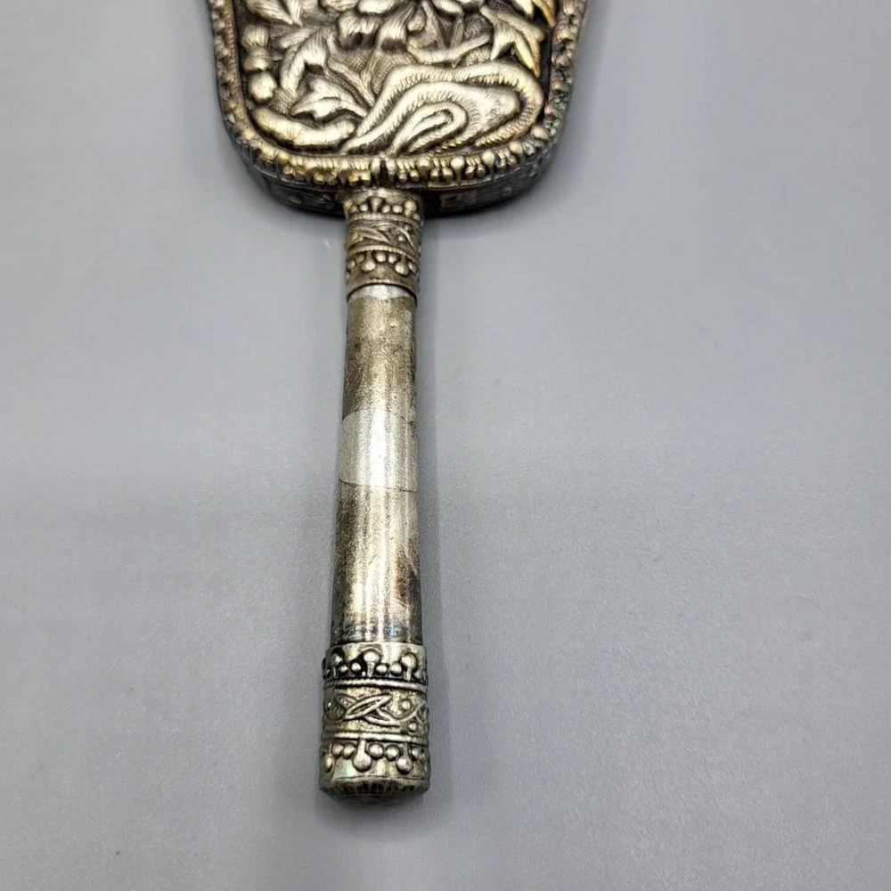 Vintage Hand Mirror Repousse Floral Dragonfly Silver Tone Ornate 6.5